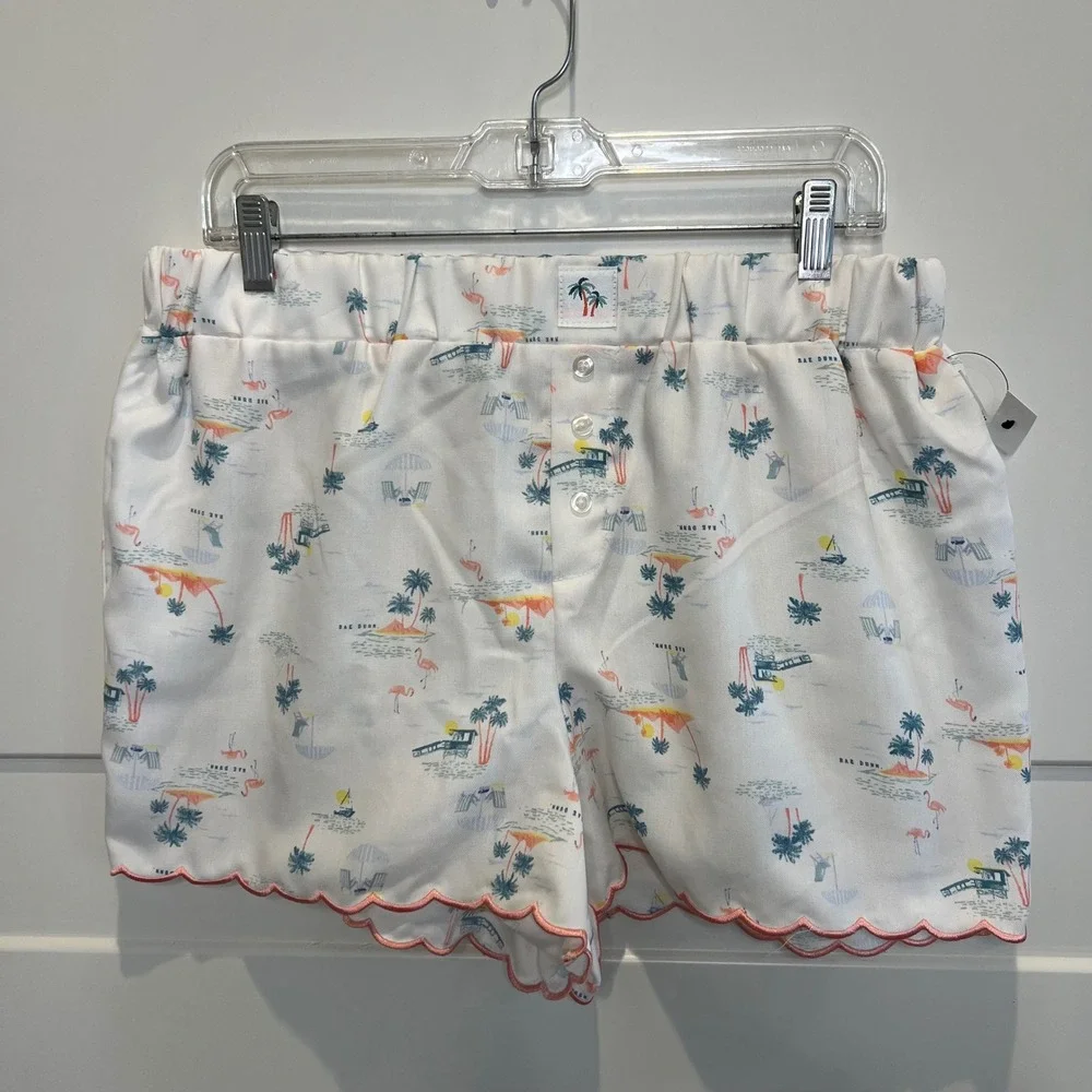 Rae Dunn Lounge Shorts‎ Palm Tree Flamingo Scalloped Trim Womens L NWT PJ Pajama